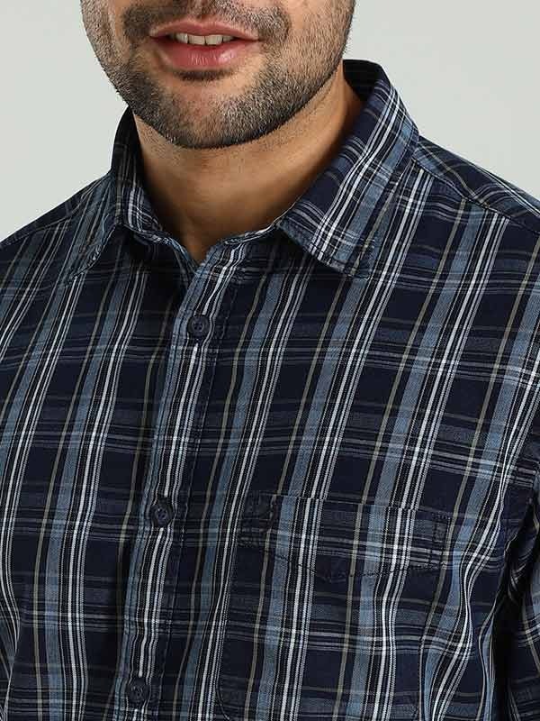 Indian Terrain Men's Regular Fit Full Sleeve Checkered Dark Blue Shirt